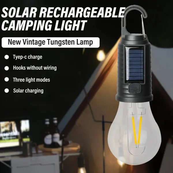 Solar rechargeable camping light, Hookup wire-free, New vintage tungsten, Three light modes, three styles