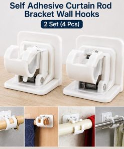 2 Set (4 Pcs) Self Adhesive Curtain Rod Bracket Wall Hooks – Durable Waterproof Curtain Pole Holder for Bathroom, Kitchen & Home