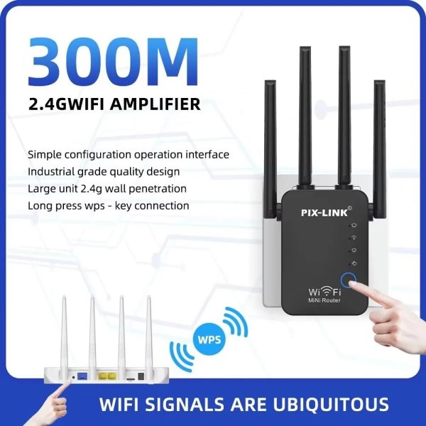 PIX-LINK N300 WiFi Repeater 300Mbps – 2.4G Wireless Signal Amplifier Router Range Extender with 4 External Antennas (WR09B)