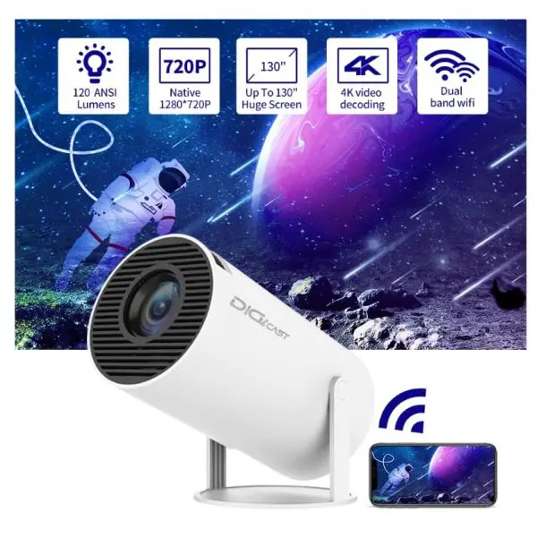 HY300 Smart Mini Portable Projector – 4K Support HD LED Projector with WiFi Bluetooth, Android System, 180° Rotatable Auto Keystone Home Cinema & Outdoor Use