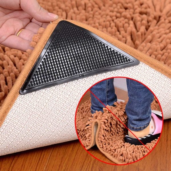 4 Pcs Triangle Carpet Non-Slip Stickers – Reusable Anti-Skid Rug Grippers, Double-Sided Carpet Fixing Pads for Tile, Wood & Smooth Floors