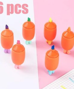6 Pcs Cute Carrot Shape Highlighter Pen Set – Pastel Fluorescent Kawaii Mini Markers for Students, Study & Office Stationery Use (6 Pcs) 