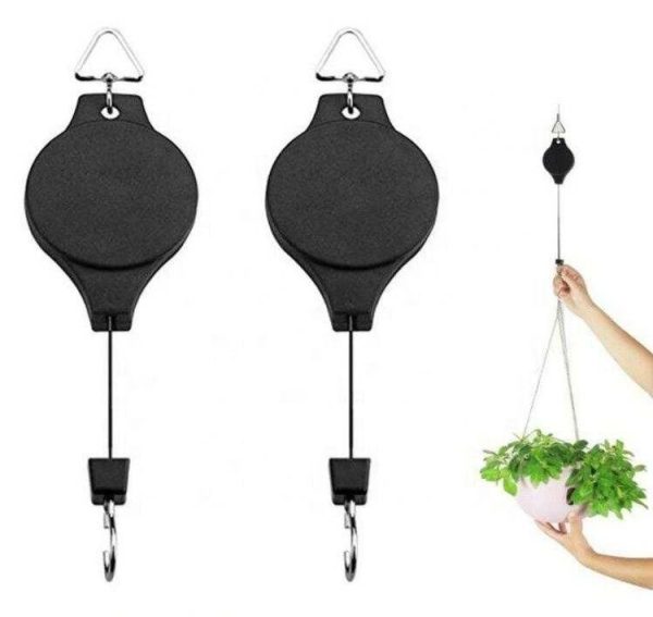 2 Pcs Retractable Adjustable Plant Pulley Hook – Heavy Duty Hanging Flower Basket & Plant Hanger System for Indoor & Outdoor Garden Use (2 Pcs)