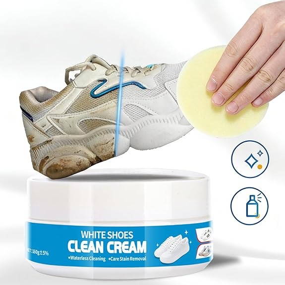 Waterless White Shoe Cleaning Cream with Sponge – Waterless Sneaker Cleaner, No Rinse Stain Remover Paste for Canvas, Rubber Sole & Sports Shoes (Reusable Cleaning Solution)