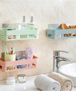 Adhesive Bathroom Storage Basket – Wall Mounted Shelf Organizer for Shampoo, Gel & Toilet Essentials
