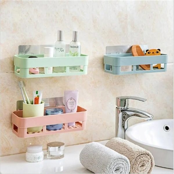 Adhesive Bathroom Storage Basket – Wall Mounted Shelf Organizer for Shampoo, Gel & Toilet Essentials