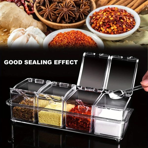 4 Grids Kitchen Transparent Seasoning Box Used For Salt Sugar And Pepper Clear Acrylic Seasoning Box with Cover and Spoon