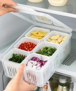 6 Grid Refrigerator Organizer Storage Box – Multi-Compartment Fridge Food Container for Fruits, Vegetables & Snacks