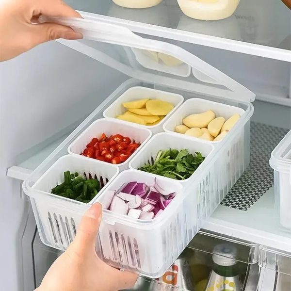 6 Grid Refrigerator Organizer Storage Box – Multi-Compartment Fridge Food Container for Fruits, Vegetables & Snacks