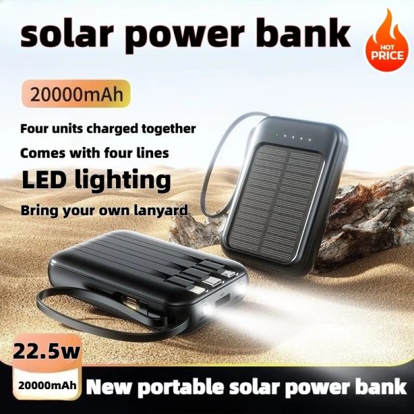 20000mAh Portable Solar Power Bank – Multi Cable Support with LED Light, Fast Charging Outdoor Backup Battery