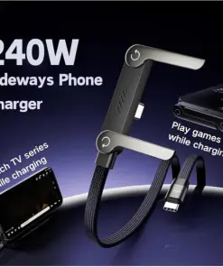 240W Fast Charging Cable 2-in-1 with Phone Holder – Sideways Stand Charger (Type-C to Type-C) for Gaming, Streaming & Video Use