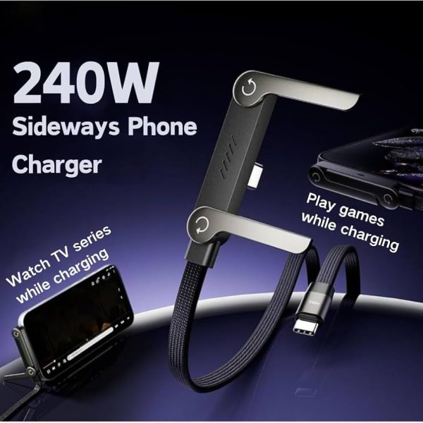 240W Fast Charging Cable 2-in-1 with Phone Holder – Sideways Stand Charger (Type-C to Type-C) for Gaming, Streaming & Video Use