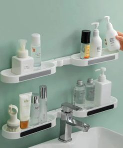 Wall Mounted Revolving Bathroom Shelf – Punch-Free Self-Adhesive Corner Storage Rack, Hard Plastic Shower & Kitchen Organizer (No Drilling Required)