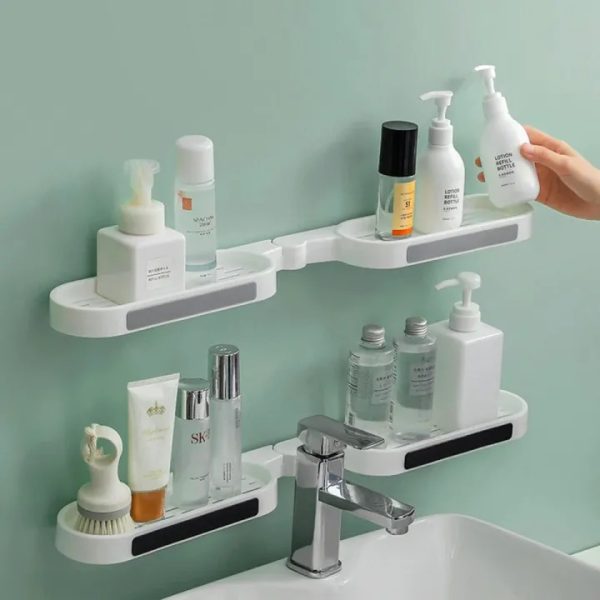 Wall Mounted Revolving Bathroom Shelf – Punch-Free Self-Adhesive Corner Storage Rack, Hard Plastic Shower & Kitchen Organizer (No Drilling Required)