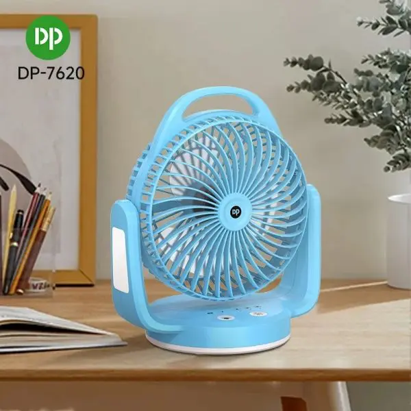 DP-7620 Rechargeable Desktop Fan with LED Light & Hanging Hook – Portable Multi-Function Cooling Fan