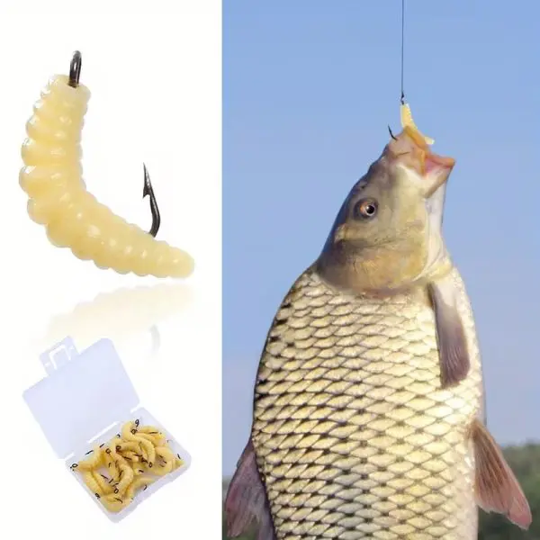 12PCS Artificial Maggot Fishing Baits with Hooks – Soft Realistic Worm Lures for Freshwater, Bass, Carp & Bream Fishing