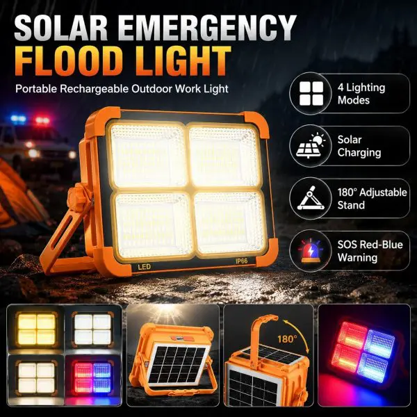 Solar Charging LED Flood Light Outdoor Portable Spotlight with USB Power Bank