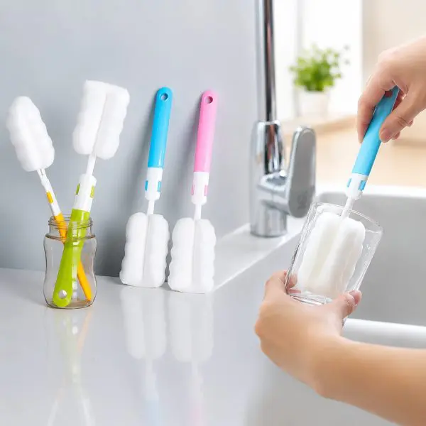 3 Pcs Long Handle Multi-Functional Sponge Bottle Cleaning Brush Set – Replaceable Soft Sponge Heads for Baby Bottles, Water Bottles, Thermos, Mugs, Glassware & Kitchen Cleaning (3 Pcs)