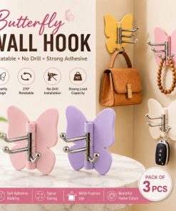 3 Pcs Adjustable Rotatable Butterfly Wall Hooks – 270° Self-Adhesive No-Drill 3-Prong Multipurpose Hanger for Keys, Jewelry, Scarves, Entryway & Vanity, Bathroom, Kitchen & Bedroom (3 Pcs)