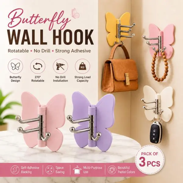 3 Pcs Adjustable Rotatable Butterfly Wall Hooks – 270° Self-Adhesive No-Drill 3-Prong Multipurpose Hanger for Keys, Jewelry, Scarves, Entryway & Vanity, Bathroom, Kitchen & Bedroom (3 Pcs)