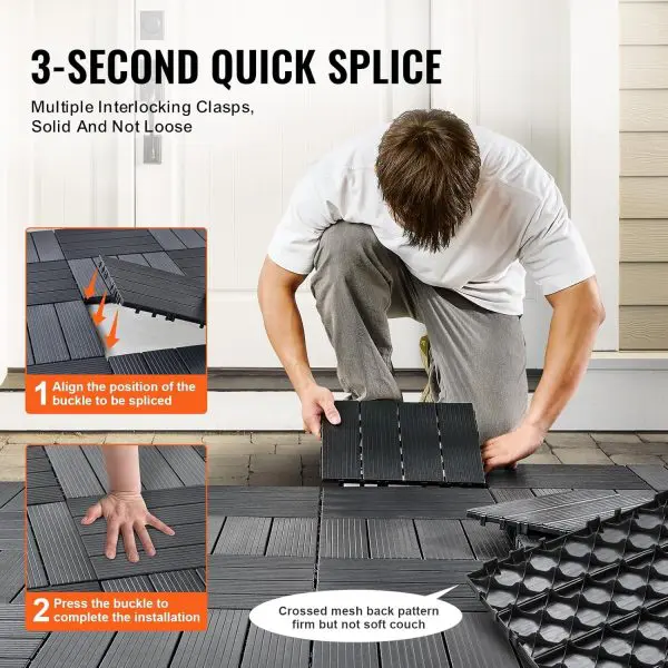 6 Pcs Heavy Duty Interlocking Plastic Deck Floor Tiles 12×12 Inch – Waterproof, Anti-Slip, UV & Weather Resistant Modular Flooring for Balcony, Garden, Patio, Porch, Rooftop, Backyard & Indoor Outdoor Use (6Pcs)