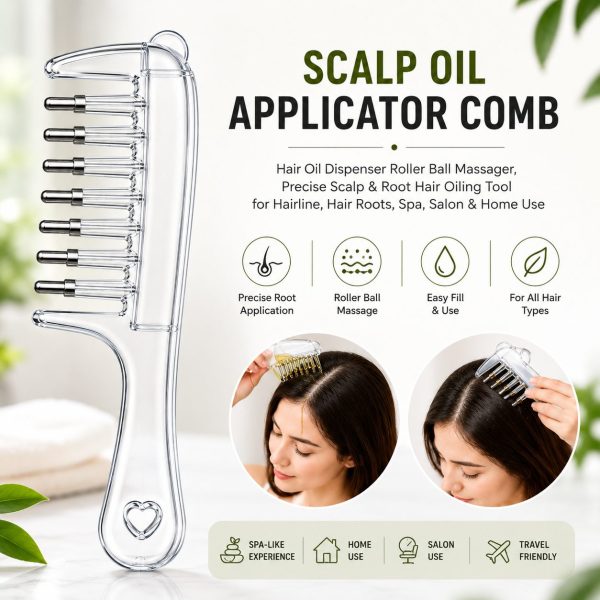 Scalp Oil Applicator Comb – Hair Oil Dispenser Roller Ball Massager, Precise Scalp & Root Hair Oiling Tool for Hairline, Hair Roots, Spa, Salon & Home Use