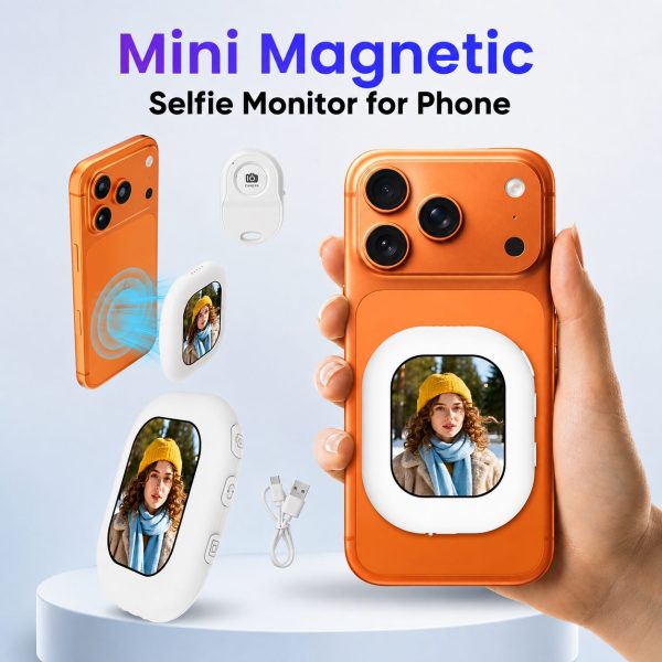 T30 Mini Magnetic Selfie Monitor – Wireless Rear Camera Preview Screen for iPhone & Android Phones, Perfect for Vlogging, Live Streaming & Content Creation