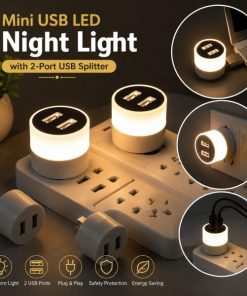 2 Pcs Mini USB LED Night Light with 2-Port USB Splitter – Portable Soft Light Reading Lamp, Eye-Friendly Energy-Saving LED Light for Nighttime Reading, Emergency Lighting & Ambient Illumination (2 Pcs)