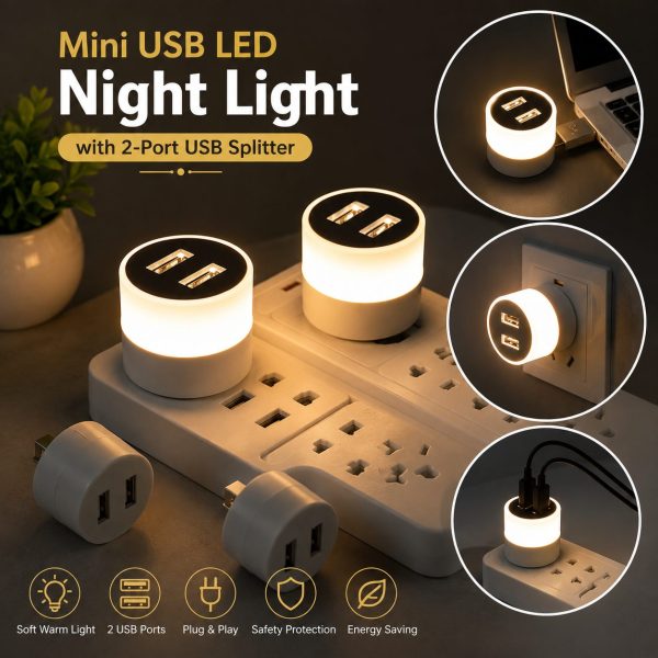 3 Pcs Mini USB LED Night Light with 2-Port USB Splitter – Portable Soft Light Reading Lamp, Eye-Friendly Energy-Saving LED Light for Nighttime Reading, Emergency Lighting & Ambient Illumination (3 Pcs)