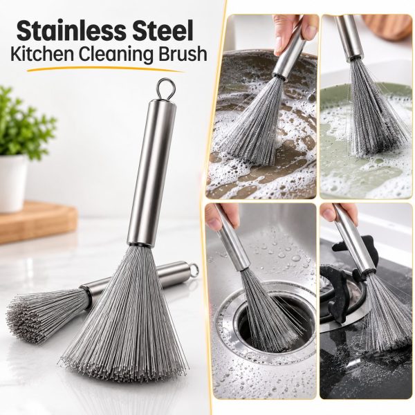 Stainless Steel Kitchen Cleaning Brush – Long Handle Heavy-Duty Pot & Pan Scrubber for Wok, Tawa, Grill, Stovetop & Cookware