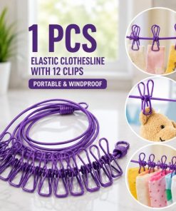 Portable Elastic Clothesline with 12 Clips – Retractable & Windproof Travel Clothes Drying Rope with Hooks for Home, Outdoor & Camping