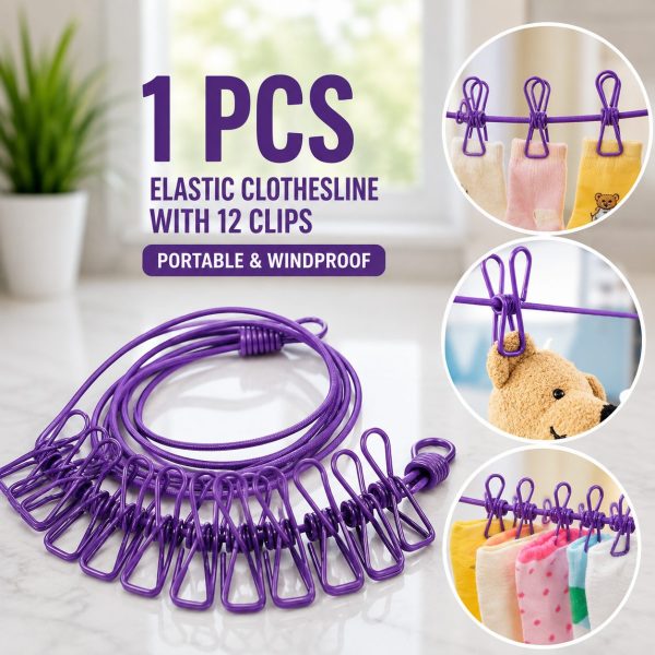 Portable Elastic Clothesline with 12 Clips – Retractable & Windproof Travel Clothes Drying Rope with Hooks for Home, Outdoor & Camping
