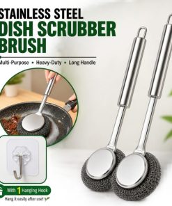 Stainless Steel Long Handle Dish Scrubber Brush – Multi-Purpose Heavy-Duty Cleaning Brush with Detachable Head & Hanging Hook for Dishes, Cookware & Kitchen Cleaning