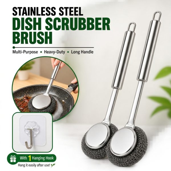 Stainless Steel Long Handle Dish Scrubber Brush – Multi-Purpose Heavy-Duty Cleaning Brush with Detachable Head & Hanging Hook for Dishes, Cookware & Kitchen Cleaning