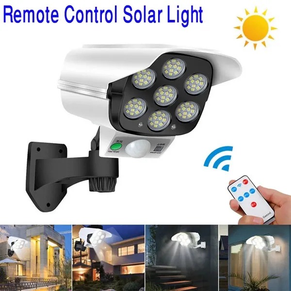 77 LED Solar Security Light with Dummy Camera – PIR Motion Sensor Waterproof Outdoor Wall Lamp with Remote Control, 3 Lighting Modes & Adjustable Angle