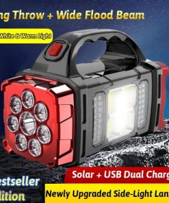 38W 4-in-1 Solar Rechargeable LED Work Light – Dual-Sided COB Flashlight with USB Charging & Power Bank for Camping, Hiking, Fishing & Emergency Use