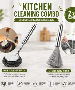 2 Pcs Stainless Steel Kitchen Cleaning Brush Set – Long Handle Dish Scrubber & Heavy-Duty Wire Brush (2 Pcs)