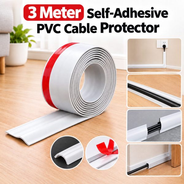 3 Meter Self-Adhesive PVC Cable Protector – Flexible Floor & Wall Cord Cover, Wire Hider, Cable Management Duct & Raceway for Home, Office, TV & Computer (1 Roll)