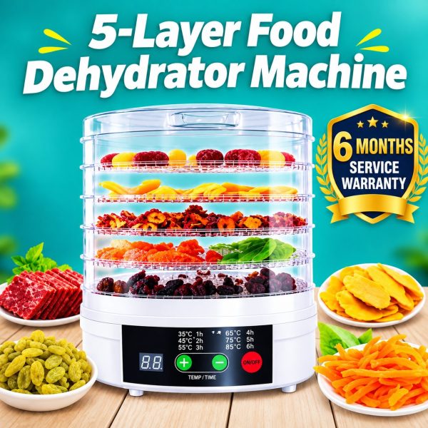 5-Layer Food Dehydrator Machine – Digital LED Touch Control,Electric Fruit, Vegetable & Meat Dryer with Adjustable 35–70°C Temperature, 360° Hot Air Circulation, Transparent Trays & Stackable Design
