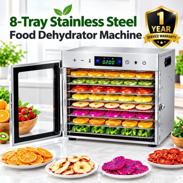 8-Tray Stainless Steel Food Dehydrator Machine – Digital LED Touch Control, Adjustable 30–90°C Temperature & 24H Timer for Fruits, Vegetables, Meat, Jerky, Herbs & Pet Food