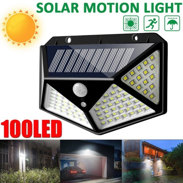 100 LED Solar Motion Sensor Wall Light – 4-Sided Wide Angle Outdoor Security Light, IP65 Waterproof, Auto On/Off for Garden, Gate, Patio & Garage