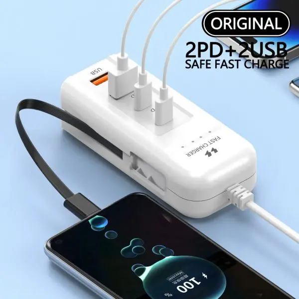66W 4 Port PD USB Fast Charging Wall Chargers Socket Outlet USB Hub Adapter USB Type C EU US UK Plug with Extension Type C Cable