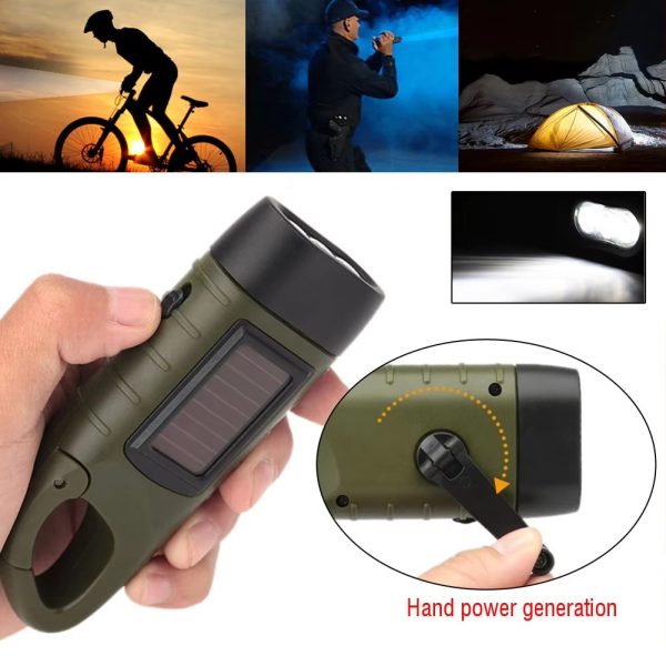 Solar Powered Hand Crank Dynamo Flashlight – Portable Rechargeable LED Emergency Torch with Carabiner, Waterproof Outdoor Light for Camping, Hiking, Trekking & Survival
