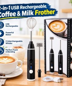 2-in-1 USB Rechargeable Coffee & Milk Frother – 3-Speed Adjustable Handheld Electric Mixer with Egg Beater & Double Milk Frother Attachments