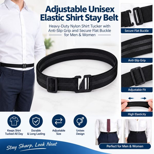 Adjustable Unisex Elastic Shirt Stay Belt – Heavy-Duty Nylon Shirt Tucker with Anti-Slip Grip and Secure Flat Buckle for Men & Women