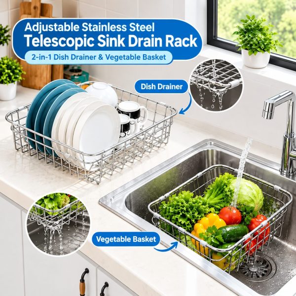 Adjustable Stainless Steel Telescopic Sink Drain Rack – Expandable Non-Slip Dish Drying Basket & Kitchen Sink Organizer for Household Storage