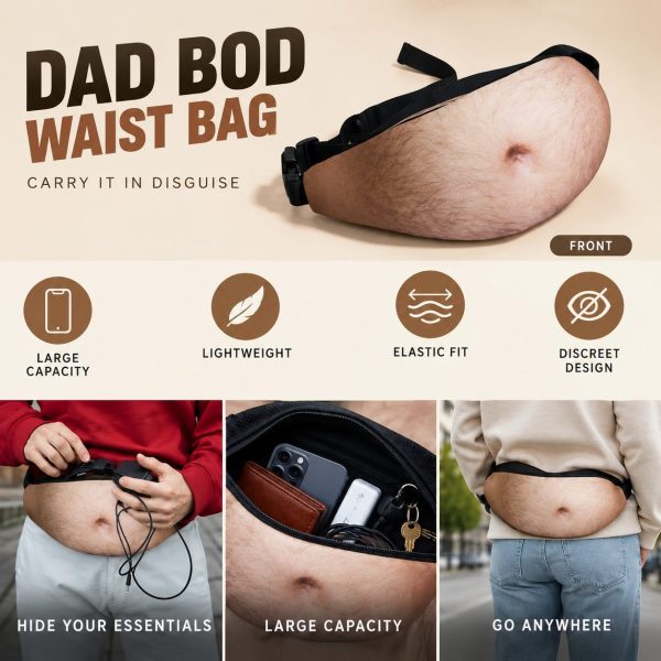 Funny Dad Bod Beer Belly Waist Bag – 3D Realistic Fake Belly Waist Bag with Adjustable Strap & Zipper Pocket for Parties, Travel & Novelty Gag Gifts