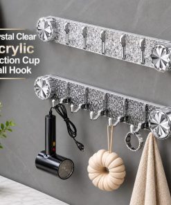 Crystal Clear Acrylic Suction Cup Wall Hook Rack with 5 Movable Hooks – No-Drill Multipurpose Wall Organizer for Bathroom, Kitchen & Home