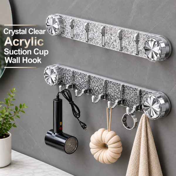 Crystal Clear Acrylic Suction Cup Wall Hook Rack with 5 Movable Hooks – No-Drill Multipurpose Wall Organizer for Bathroom, Kitchen & Home