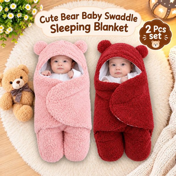 2 Pcs Cute Bear Baby Swaddle Winter Blanket – Soft Plush Hooded Sleeping & Receiving Blanket for Newborn Boys and Girls (2 Pcs)